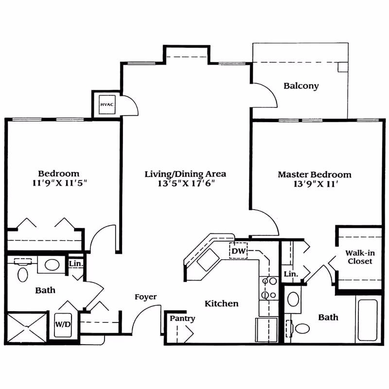 Architectural floor plan of a two-bedroom apartment at Chancellor's Village, showing a living/dining area, kitchen with pantry, two bathrooms, a balcony, and a walk-in closet in the master bedroom.