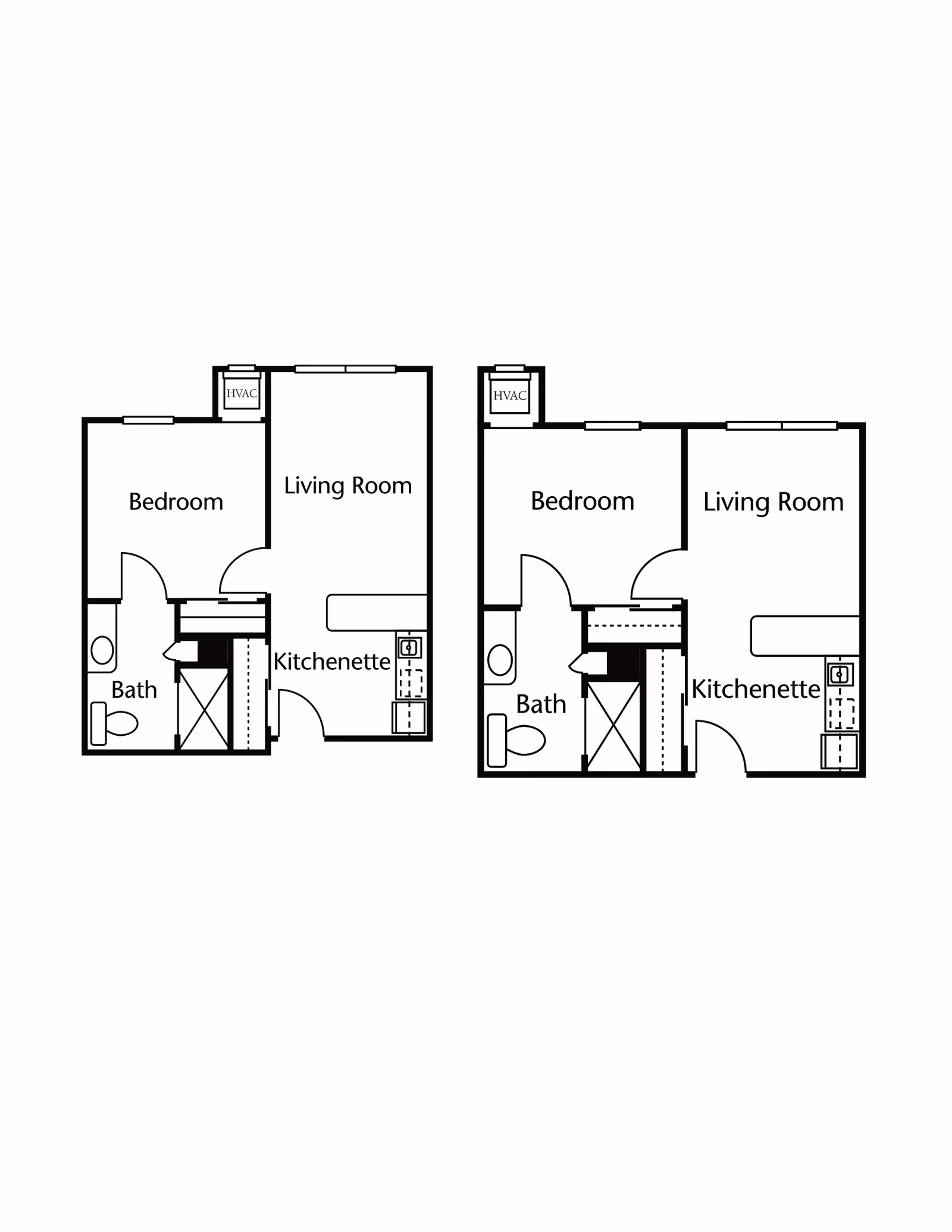 Two similar architectural floor plans side by side, each showing a layout with a bedroom, bath, living room, and kitchenette. Both plans include labeled rooms and HVAC units.