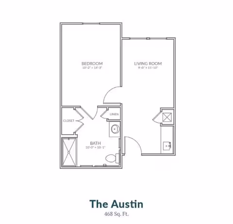 Floor plan of a one-bedroom apartment named The Austin, showing a bedroom, living room, bathroom, closet, and linen closet with dimensions and a total area of 468 square feet.