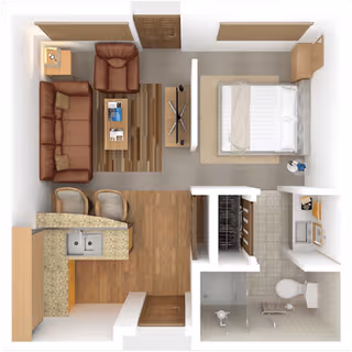 Top-down view of a senior living facility apartment layout featuring a living room with a sofa, armchair, coffee table, and TV, a bedroom with a bed and nightstand, a kitchen with a sink and countertop, and a bathroom with a toilet and shower.