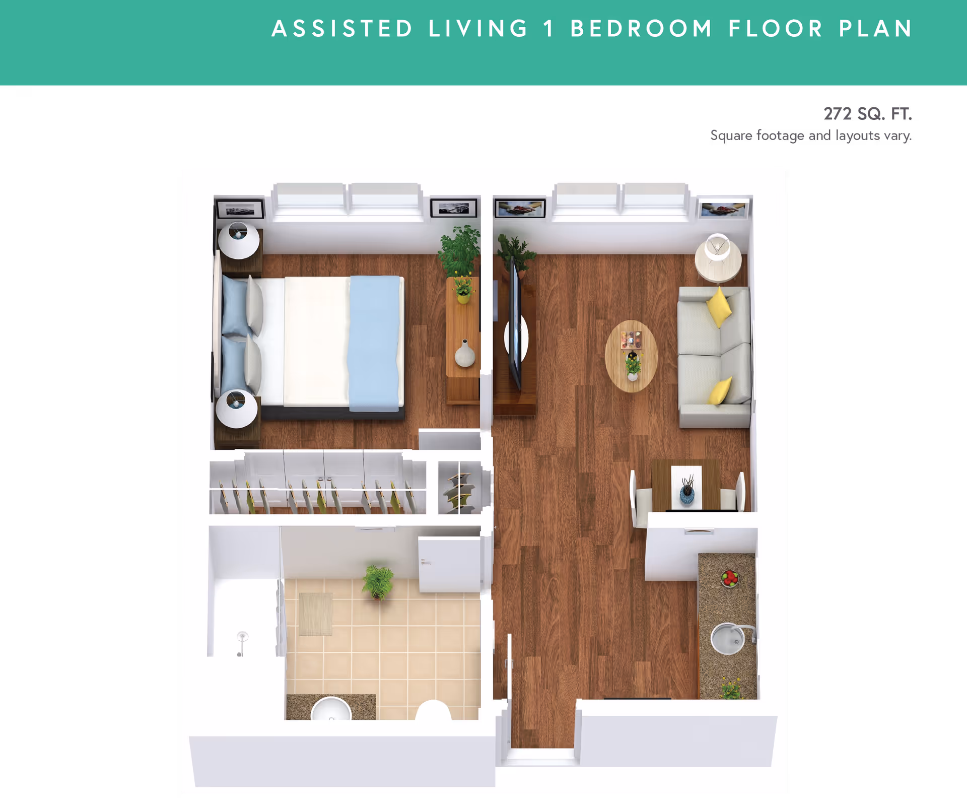 Top-down rendered one-bedroom assisted living floor plan showing a bedroom, living area, kitchen, and bathroom.