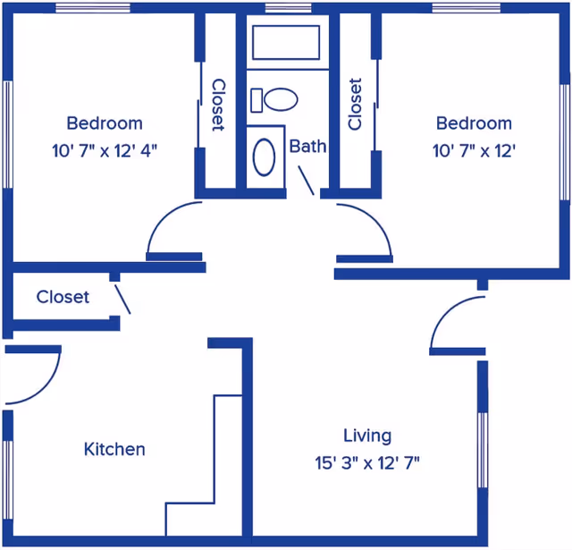 Architectural floor plan of a residential unit showing two bedrooms, a bathroom, a kitchen, and a living room with dimensions and closet spaces.