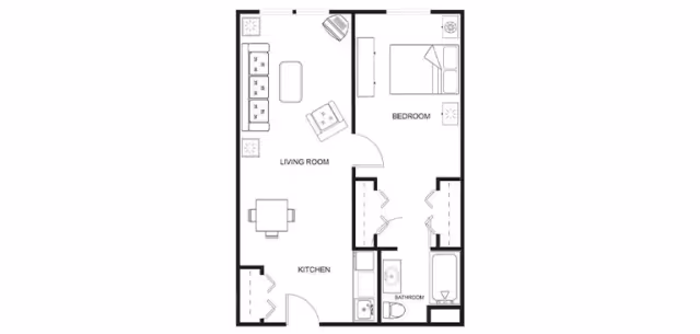 Black and white architectural floor plan of a one-bedroom apartment showing a living room with sofa, chair, and coffee table, a kitchen with dining table and chairs, a bedroom with a bed and nightstands, and a bathroom with a bathtub, toilet, and sink.