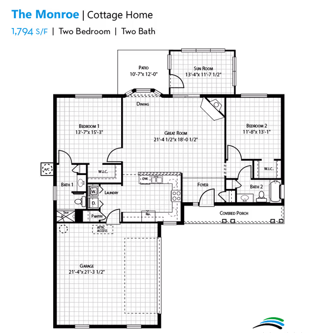 Architectural floor plan of The Monroe unit at Brightwater, showing layout of rooms including bedrooms, bathrooms, kitchen, dining, living areas, and closets, with a total area of 1,794 square feet.