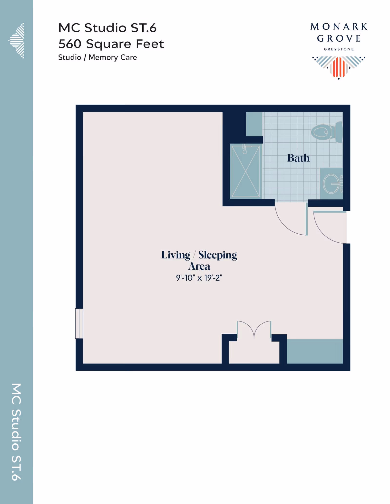 Floor plan of MC Studio ST.6 at Monark Grove Greystone showing a 560 square feet studio for memory care with a living/sleeping area measuring 9 feet 10 inches by 19 feet 2 inches and a separate bath area.