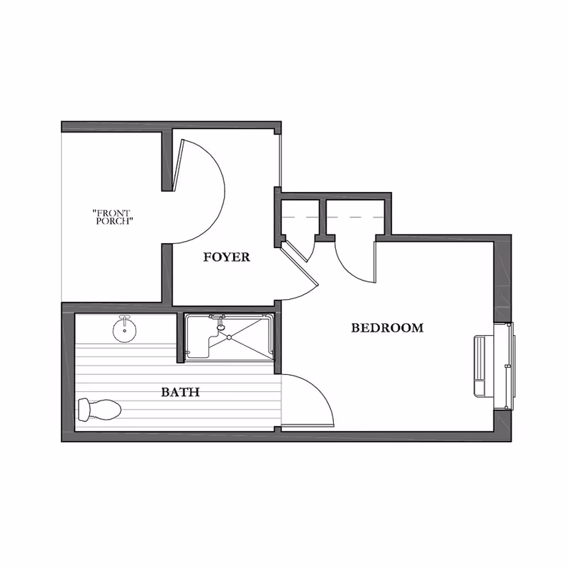 Black-and-white floor plan labeled 'Bedroom', 'Bath', 'Foyer', and 'Front Porch' showing a toilet, sink, shower and door placements.