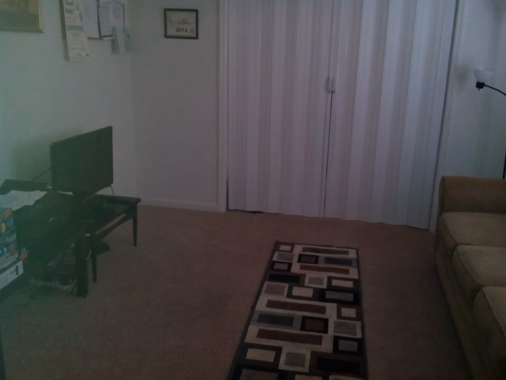 A dimly lit living room with a beige couch on the right, a patterned rectangular rug on the carpeted floor, a TV on a small black stand to the left, and vertical blinds covering a window or door in the background. A floor lamp is visible behind the couch, and some papers and framed items are on the wall and table.