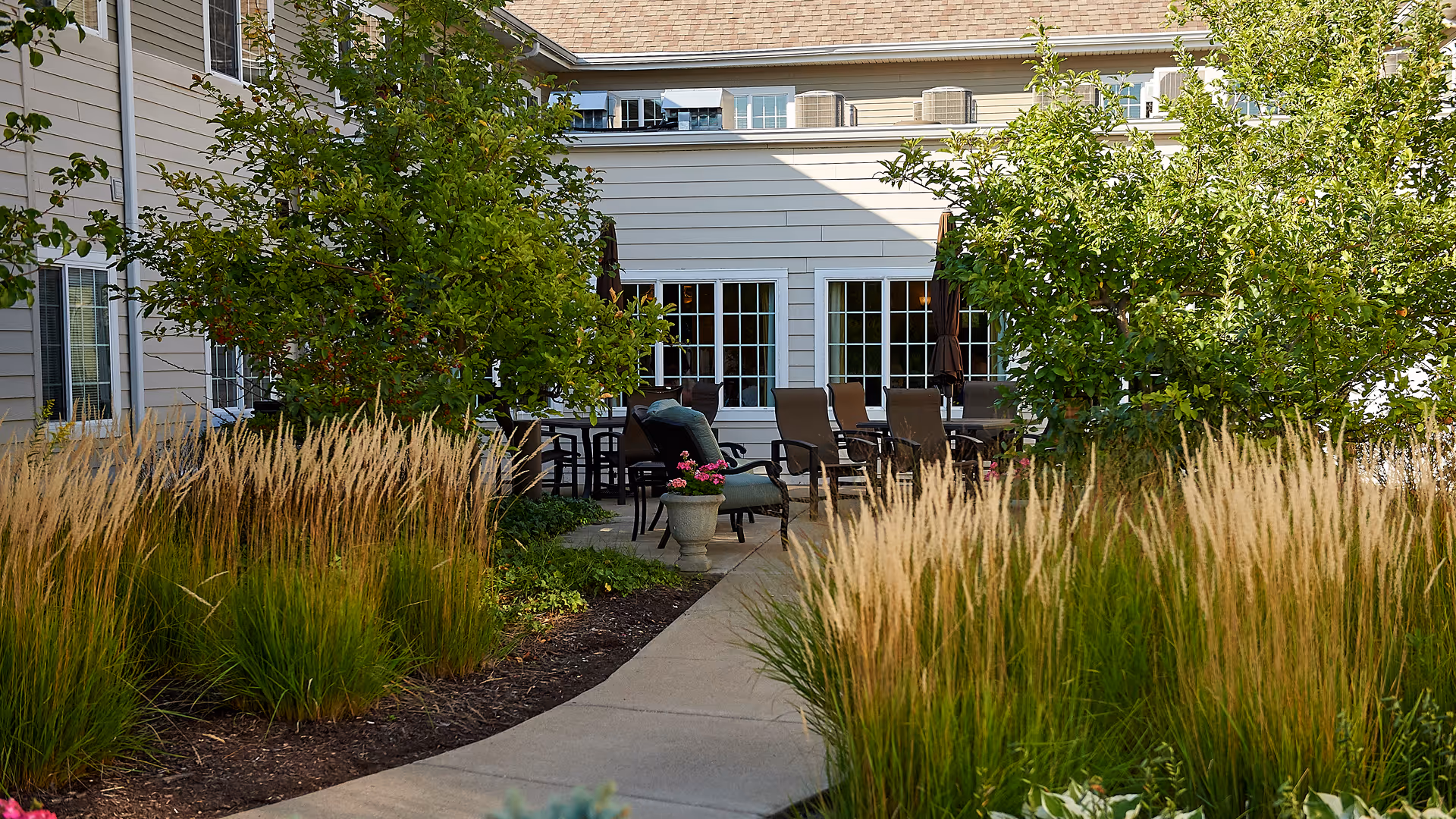Outdoor patio area at Senior Star at Elmore Place featuring a concrete walkway surrounded by tall ornamental grasses and green trees. Several cushioned chairs and tables with closed umbrellas are arranged near the building's windows.