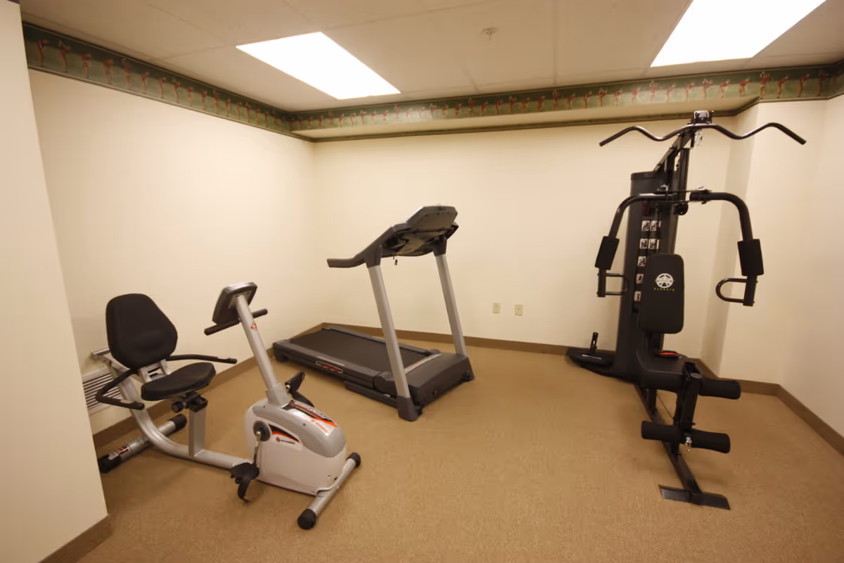 Small fitness room with a recumbent exercise bike, treadmill, and multi-station weight machine.
