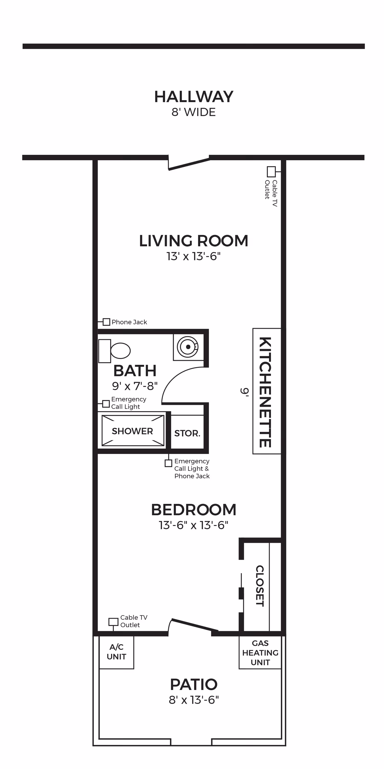 Floor plan of a retirement home unit showing a hallway, living room, bath with shower, kitchenette, bedroom, closet, and a patio. The living room measures 13 by 13 feet 6 inches, the bath is 9 by 7 feet 8 inches, the kitchenette is 9 feet long, the bedroom is 13 feet 6 inches by 13 feet 6 inches, and the patio is 8 by 13 feet 6 inches. The plan includes locations for phone jacks, emergency call lights, cable TV outlets, an A/C unit, and a gas heating unit.