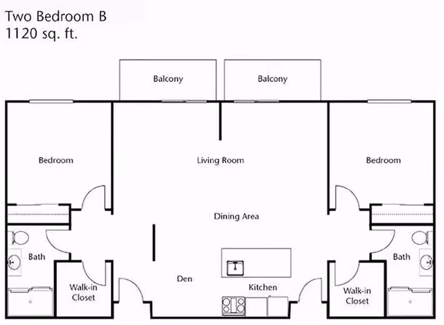 Floor plan of a two-bedroom apartment labeled 'Two Bedroom B, 1120 sq. ft.' showing two bedrooms each with a walk-in closet and bathroom, a living room with two balconies, a dining area, a den, and a kitchen with an island and appliances.