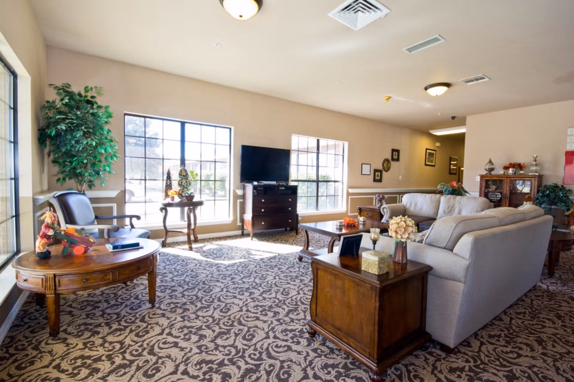 A bright and spacious living room area with large windows letting in natural light. The room features beige walls, patterned carpet, two beige sofas, a wooden coffee table, side tables with decorative items, a TV on a wooden dresser, and several plants and framed pictures on the walls.