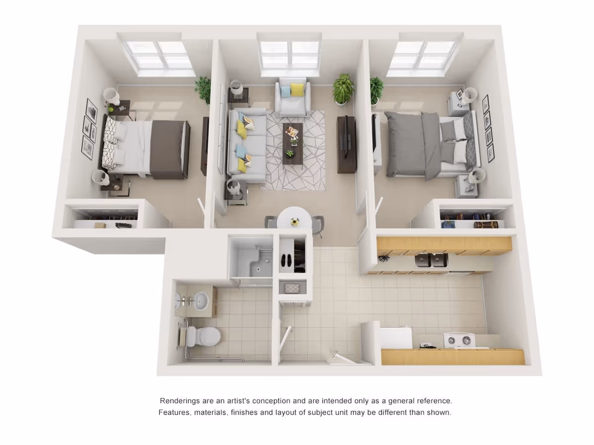 3D floor plan of an apartment unit showing two bedrooms, a living room with sofa and armchair, a dining area with a round table and two chairs, a kitchen with appliances and cabinets, and a bathroom with a toilet, sink, and shower.