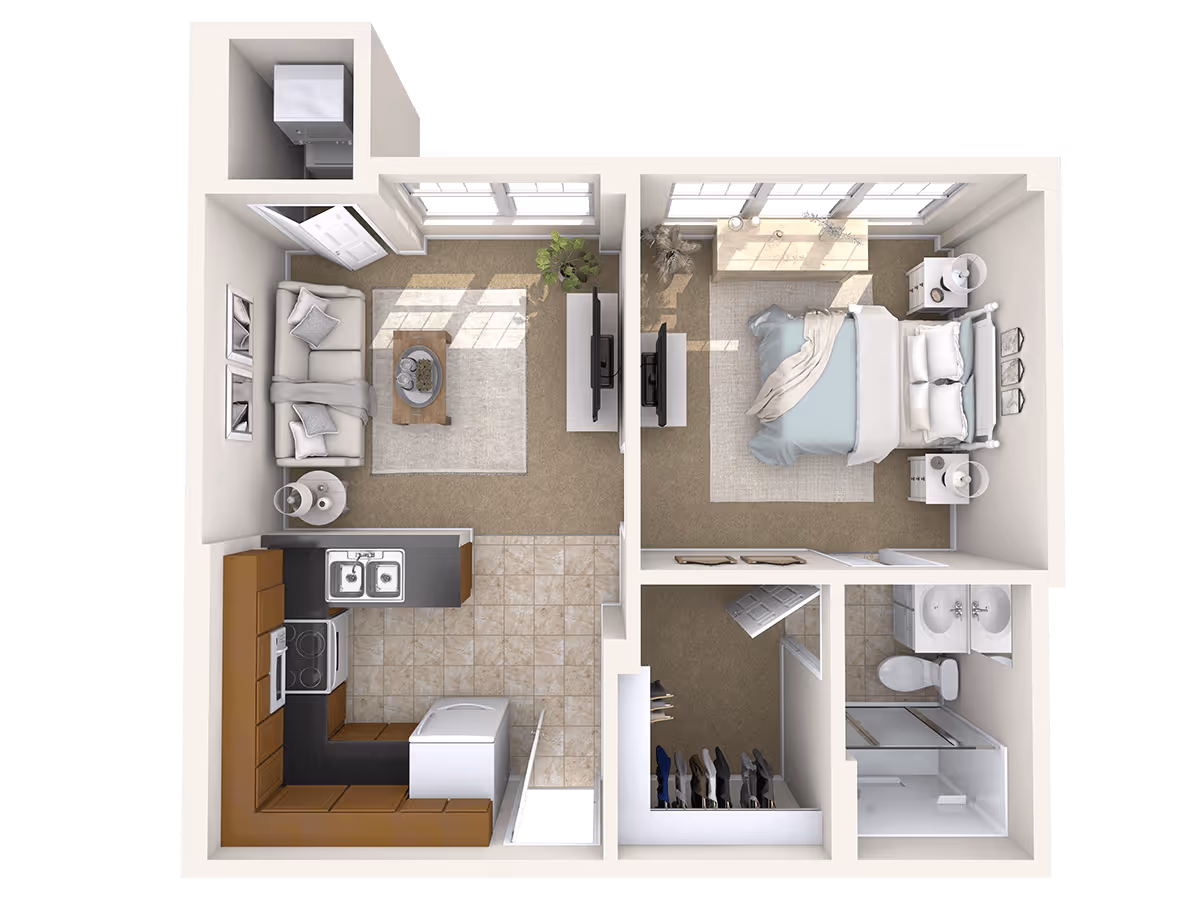 Top-down view of a one-bedroom apartment floor plan showing a living room with a sofa and coffee table, a kitchen with appliances and cabinets, a bedroom with a bed and nightstands, a bathroom with a shower, toilet, and double sink, and a walk-in closet.