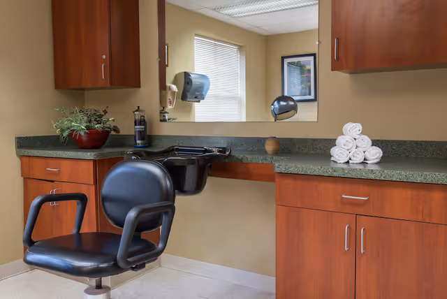 Interior salon/hair-styling station with a black salon chair, wash basin, large mirror, wood cabinets, and rolled towels on the counter.