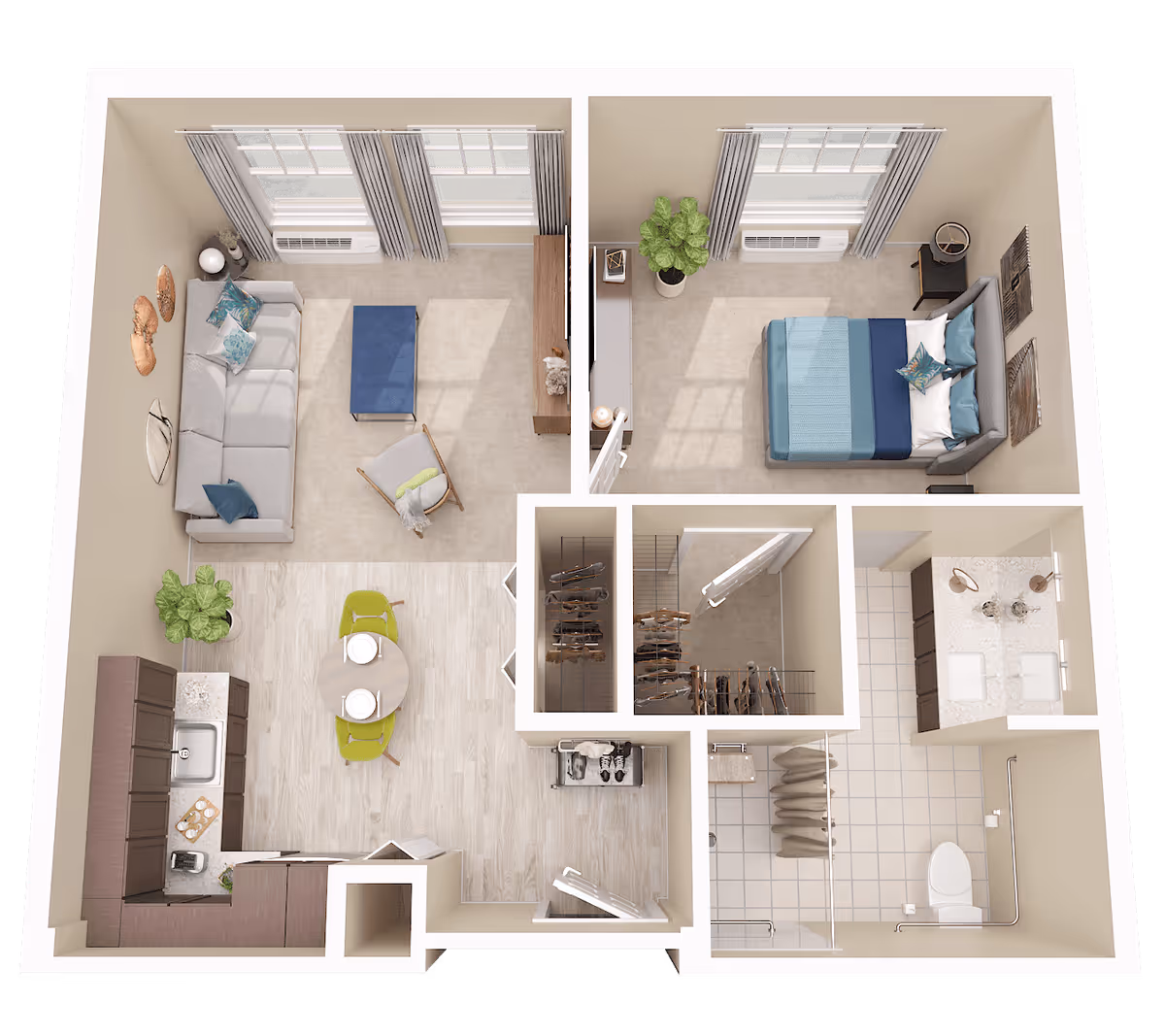 3D floor plan of a senior living apartment at Atrium at Liberty Park featuring a living room with a sofa, chair, and coffee table; a bedroom with a bed and nightstand; a kitchen with cabinets, sink, and dining table with two chairs; a walk-in closet; and a bathroom with double sinks, shower, and toilet.