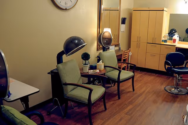 Interior view of a salon area with two green cushioned chairs, a hair dryer hood, a small table with a plant and tissue box, a large mirror on the wall, wooden cabinets, and a salon styling chair on a wooden floor.