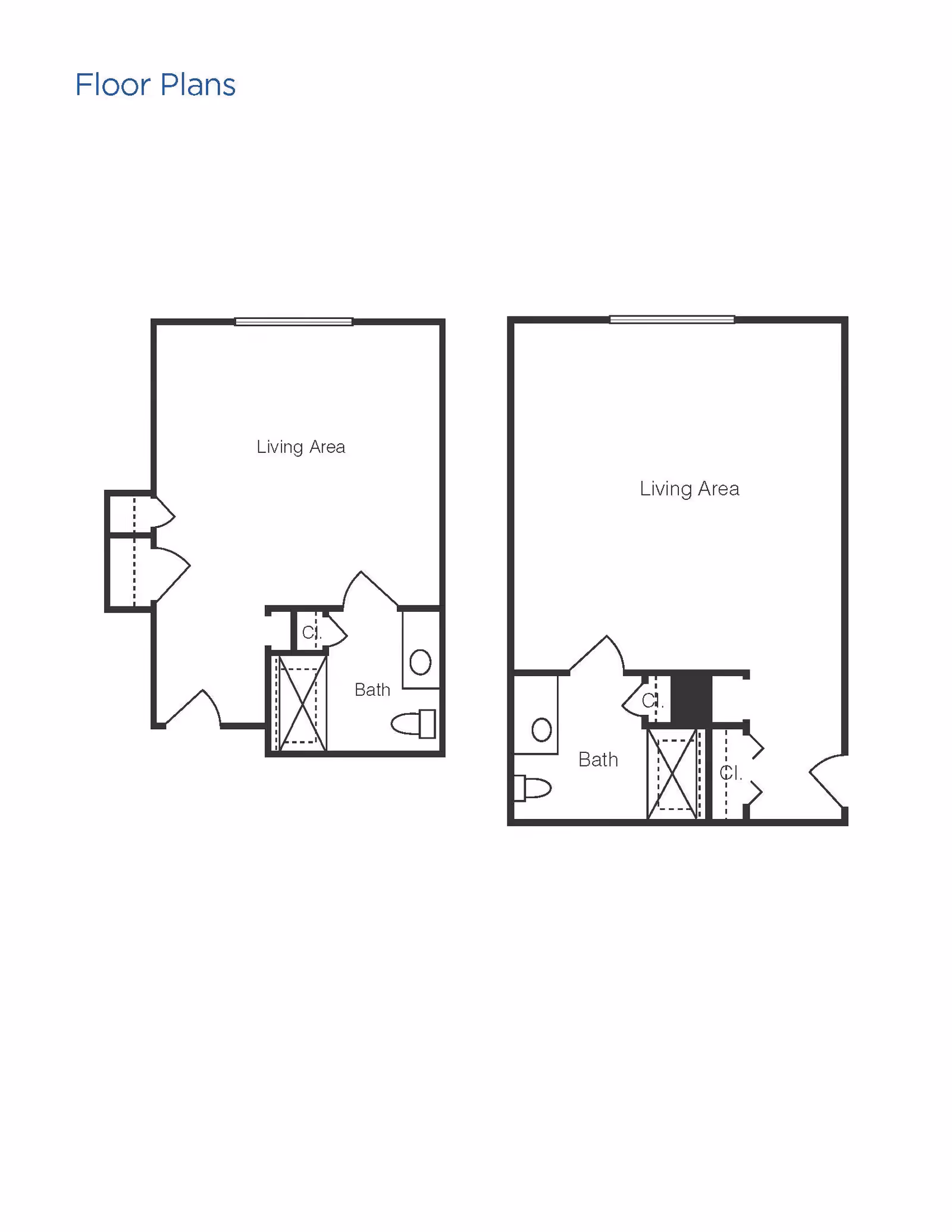 Two architectural floor plans showing layouts with living areas, bathrooms, and closets. Each plan includes a labeled living area and bath, with doors and closet spaces indicated.