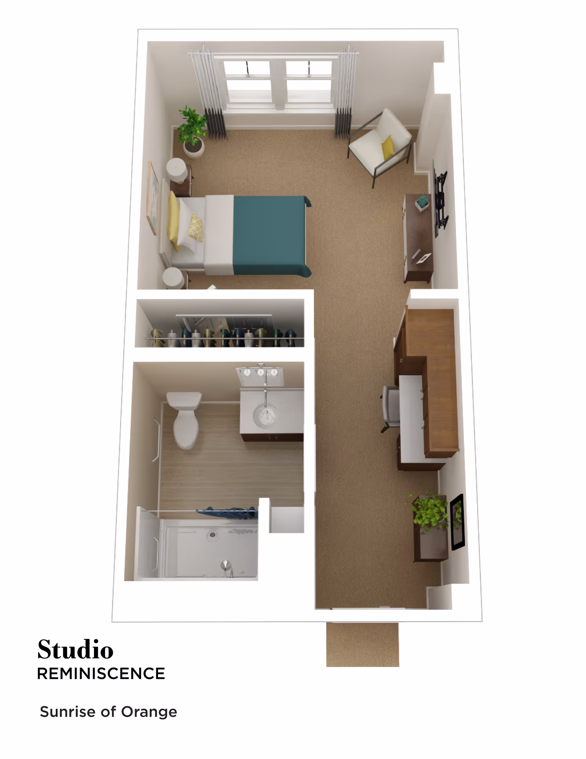 3D floor plan of a studio apartment at Sunrise of Orange showing a bedroom area with a bed, two nightstands, a chair, a TV on a stand, a desk with a chair, a closet, and a bathroom with a shower, toilet, and sink.