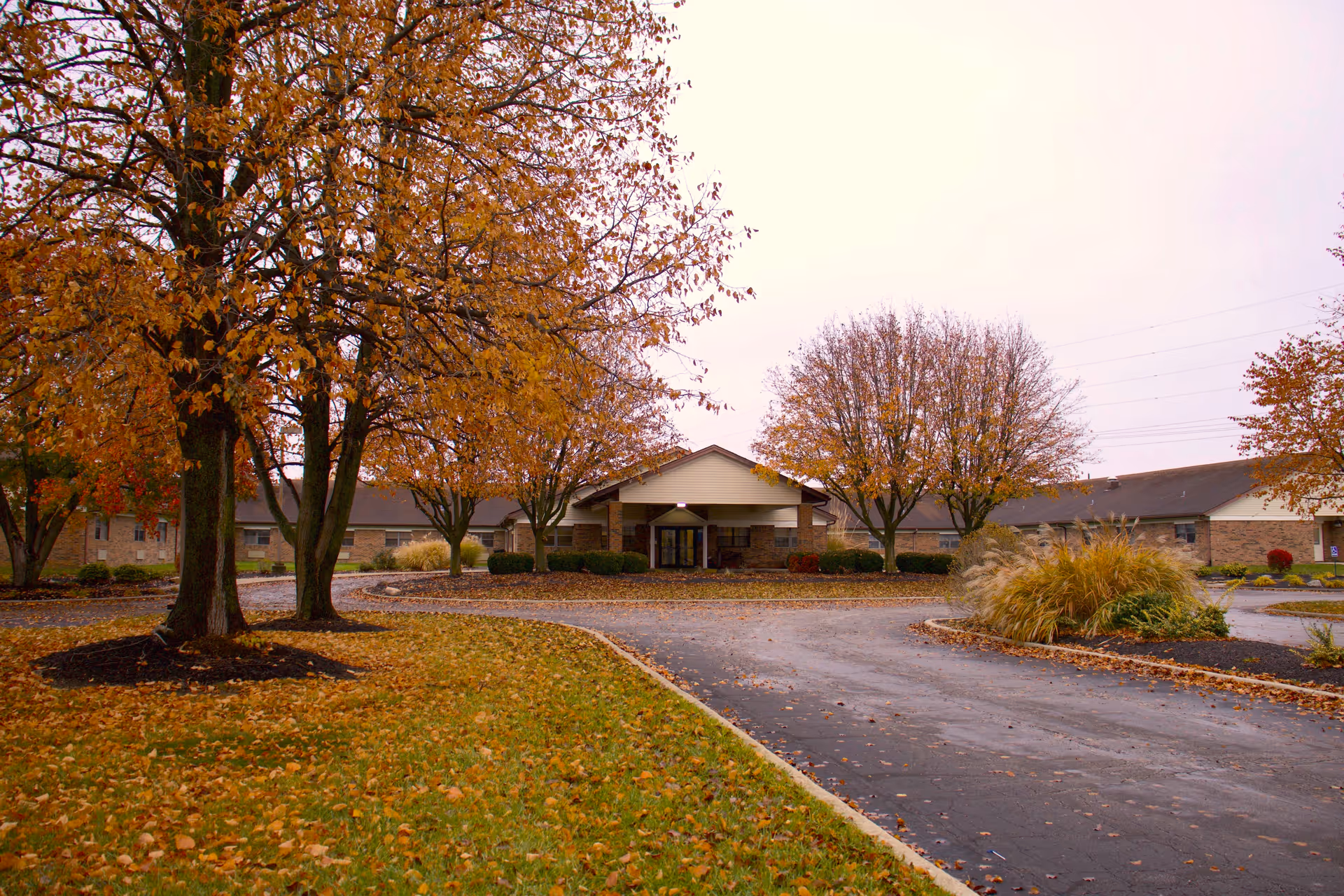 Exterior view of a single-story senior living facility building surrounded by trees with autumn foliage and a curved driveway leading to the entrance.