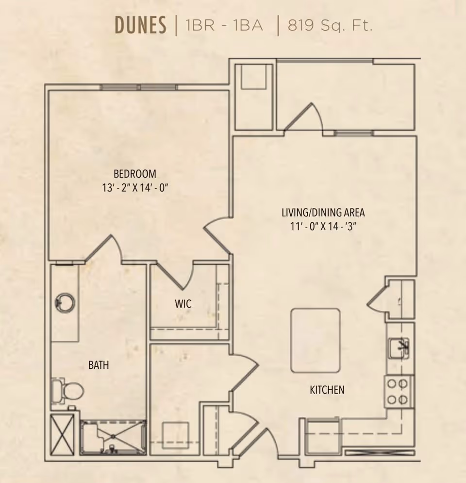 Floor plan of a one-bedroom, one-bathroom apartment named Dunes with 819 square feet. The layout includes a bedroom measuring 13 feet 2 inches by 14 feet, a living/dining area measuring 11 feet by 14 feet 3 inches, a kitchen with an island, a walk-in closet (WIC), and a bathroom with a shower, toilet, and sink.