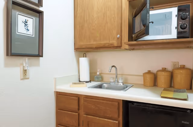 Small kitchen area with wooden cabinets, a stainless steel sink, a microwave oven, a paper towel holder, soap dispenser, three ceramic canisters, and a small refrigerator underneath the counter.