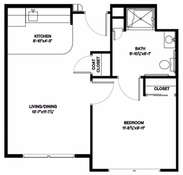 Floor plan of a one-bedroom apartment at Vitality Living Hendersonville showing a kitchen, living/dining area, bedroom with closet, bathroom, and coat closet.