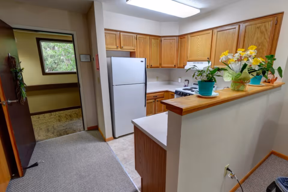 Interior view of a kitchen with wooden cabinets, a white refrigerator, a stove with a range hood, and a counter with potted plants and flowers. The kitchen is adjacent to a carpeted hallway with an open door leading to another room with a window showing greenery outside.