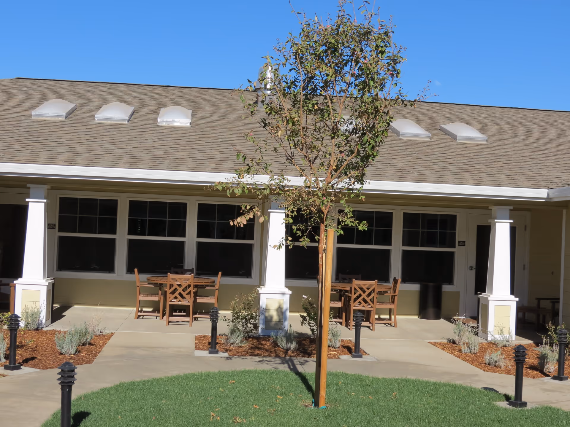 Outdoor patio area at Amber Grove Place Memory Care with wooden tables and chairs arranged under a covered walkway. There is a young tree planted in the center of a grassy area, surrounded by a concrete pathway and small landscaped garden beds with mulch and plants. The building has a beige exterior with white columns and several windows, under a roof with skylights.