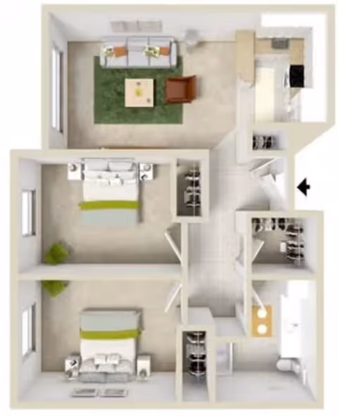 Top-down view of a two-bedroom apartment floor plan featuring a living room with a sofa, armchair, coffee table, and rug, a kitchen with appliances and countertops, two bedrooms each with a bed and nightstands, closets, and a bathroom with a sink and toilet.
