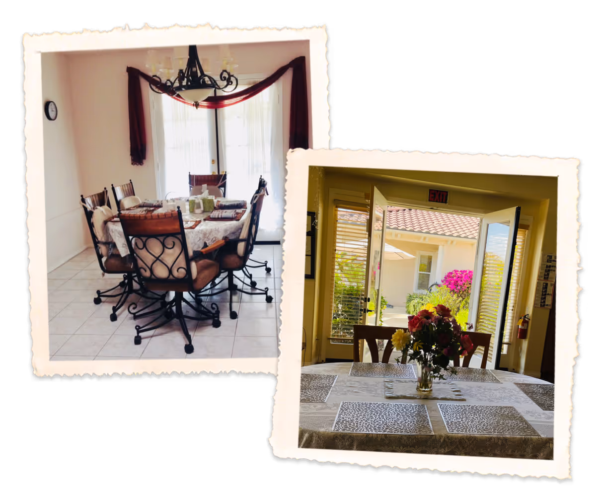 Two images of dining areas in a senior living facility. The first image shows a round dining table with six cushioned chairs on wheels, set with placemats and napkins, under a chandelier with a decorative red swag curtain on the window behind. The second image shows a rectangular dining table with a floral centerpiece and placemats, positioned near open double doors leading to an outdoor patio with flowers and greenery visible.
