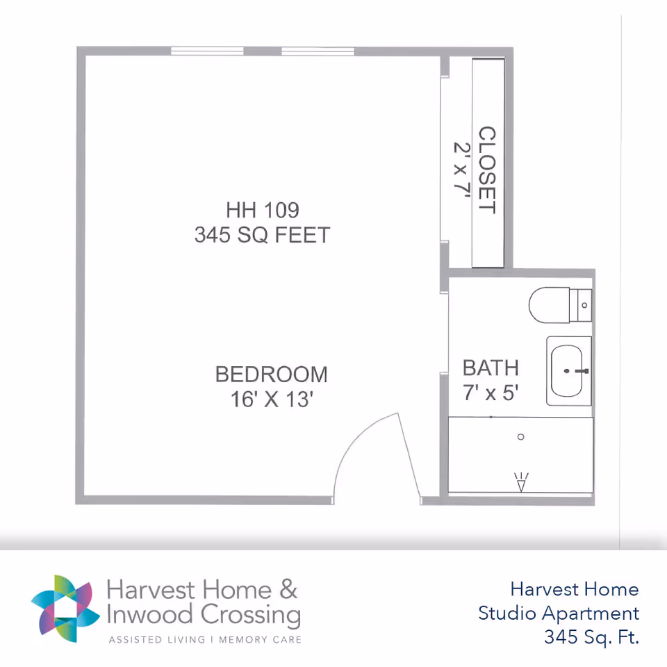 Floor plan of a studio apartment labeled HH 109 with 345 square feet. The layout includes a 16 by 13 feet bedroom, a 7 by 5 feet bathroom with a toilet, sink, and shower, and a 2 by 7 feet closet. The bottom of the image shows the logo and name 'Harvest Home & Inwood Crossing Assisted Living | Memory Care' and text stating 'Harvest Home Studio Apartment 345 Sq. Ft.'