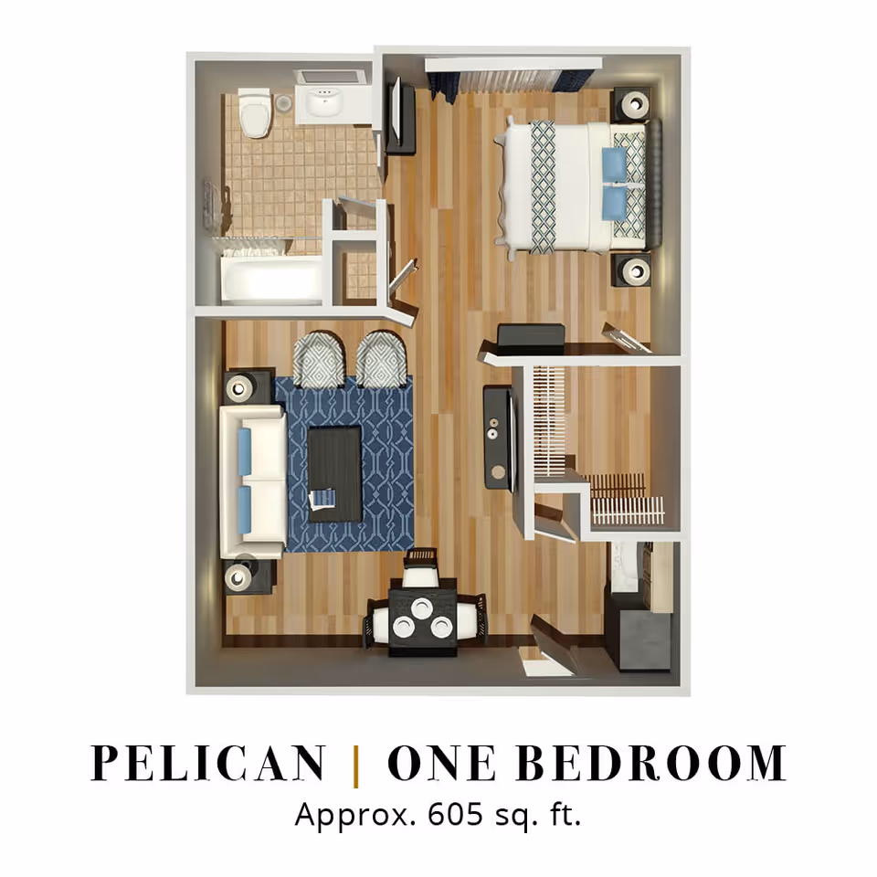 Top-down rendered floor plan of a one-bedroom apartment showing a bedroom, bathroom, living room, dining area and kitchen labeled "Pelican | One Bedroom".