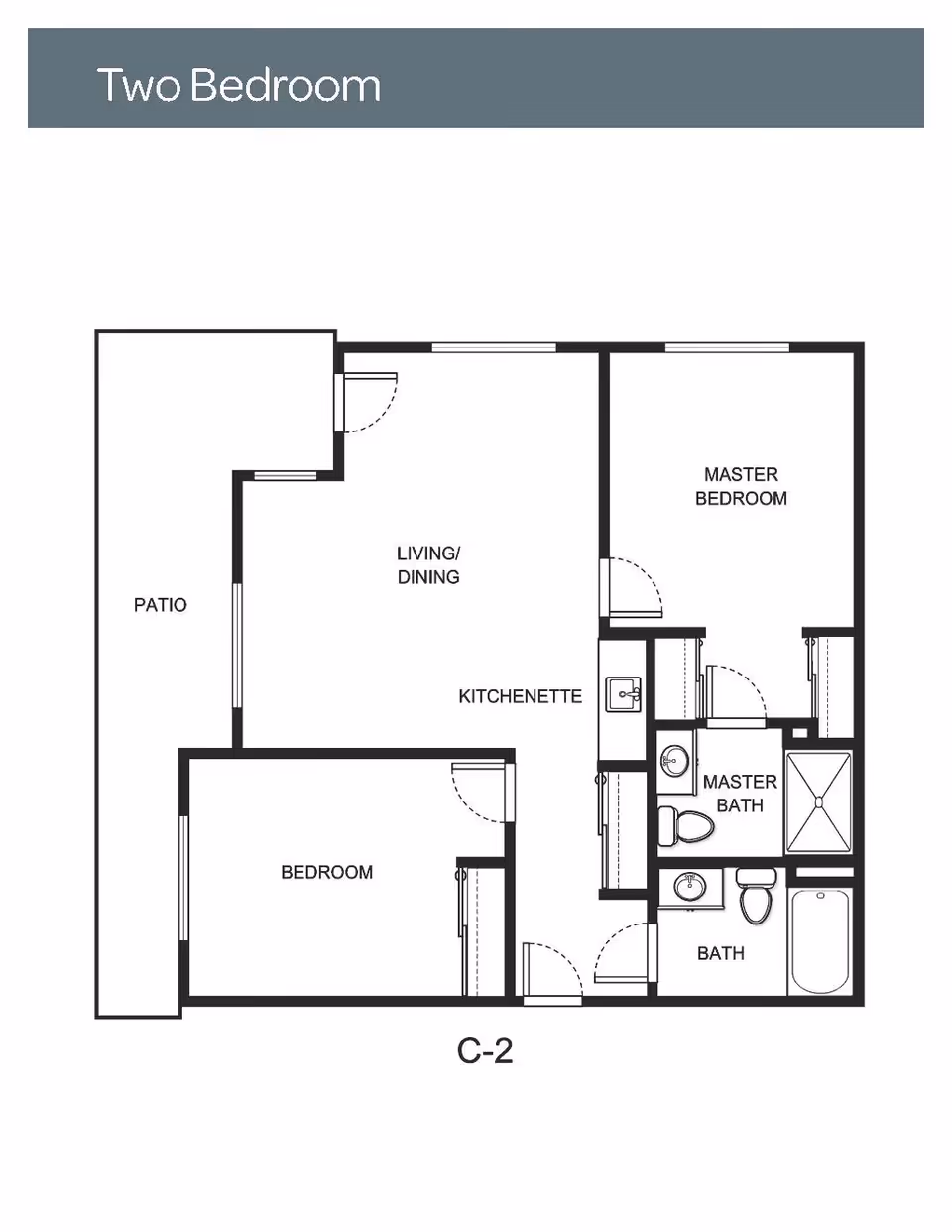 Floor plan layout of a two-bedroom unit labeled C-2, showing a patio, living/dining area, kitchenette, master bedroom with master bath, second bedroom, and a second bath.