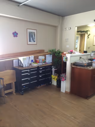 Interior view of a room with wooden flooring, a black rolling cabinet with multiple drawers against the wall, various office supplies and papers on top, a small wooden chair, a potted plant, and a counter with items including a covered tray. The walls are light-colored with a framed picture and a purple flower decoration.