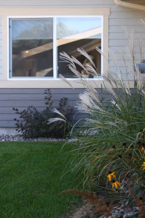 Exterior view of Plum City Care Center showing a window and ornamental grasses.