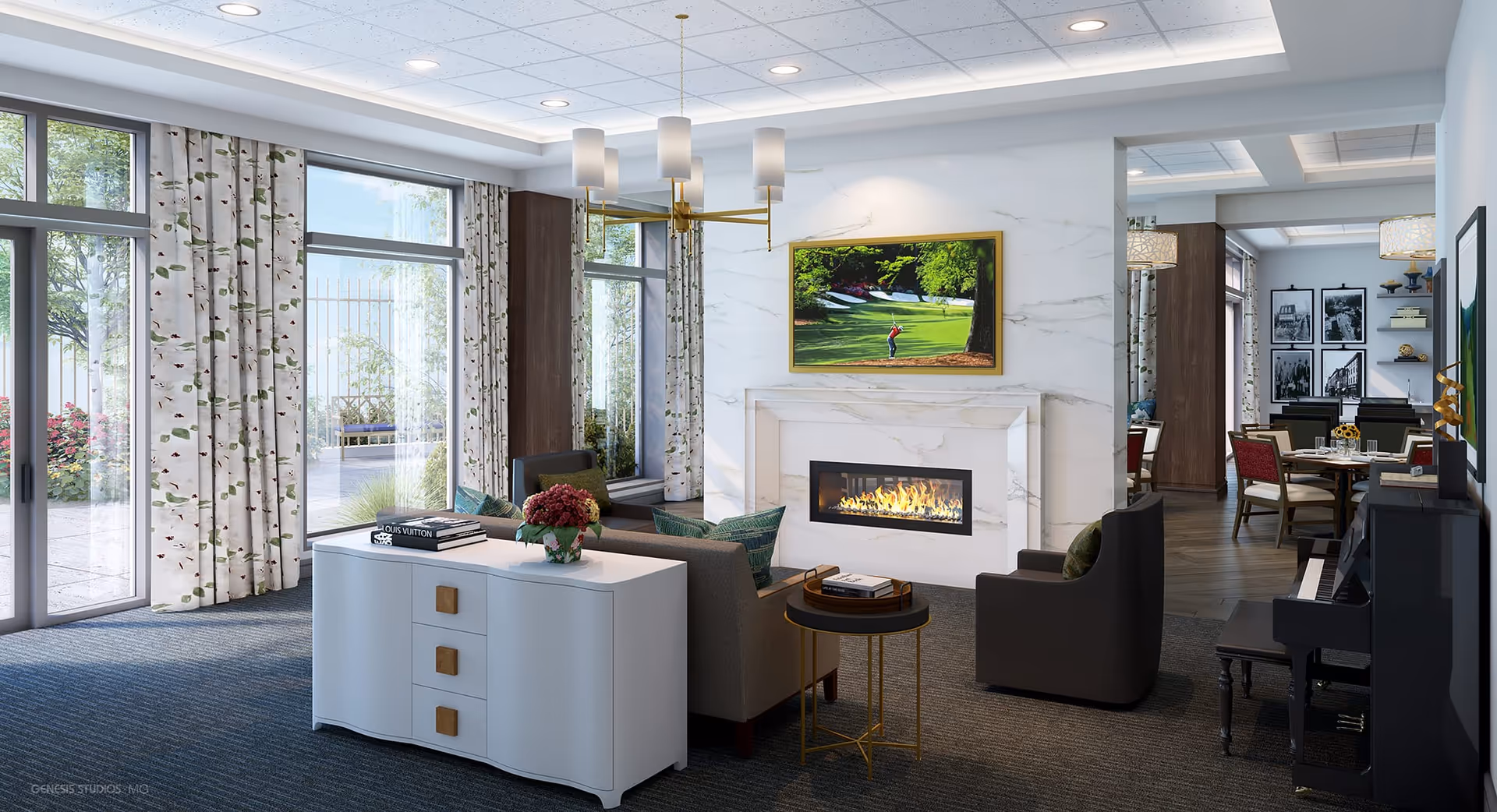 A bright and modern living room area with large windows and floral curtains letting in natural light. The room features a white cabinet with books and a flower vase, a gray sofa with green pillows, a black armchair, a small round side table, and a fireplace with a TV mounted above it displaying a golf scene. In the background, there is a dining area with tables and chairs, black and white framed photos on the wall, and a black piano on the right side.