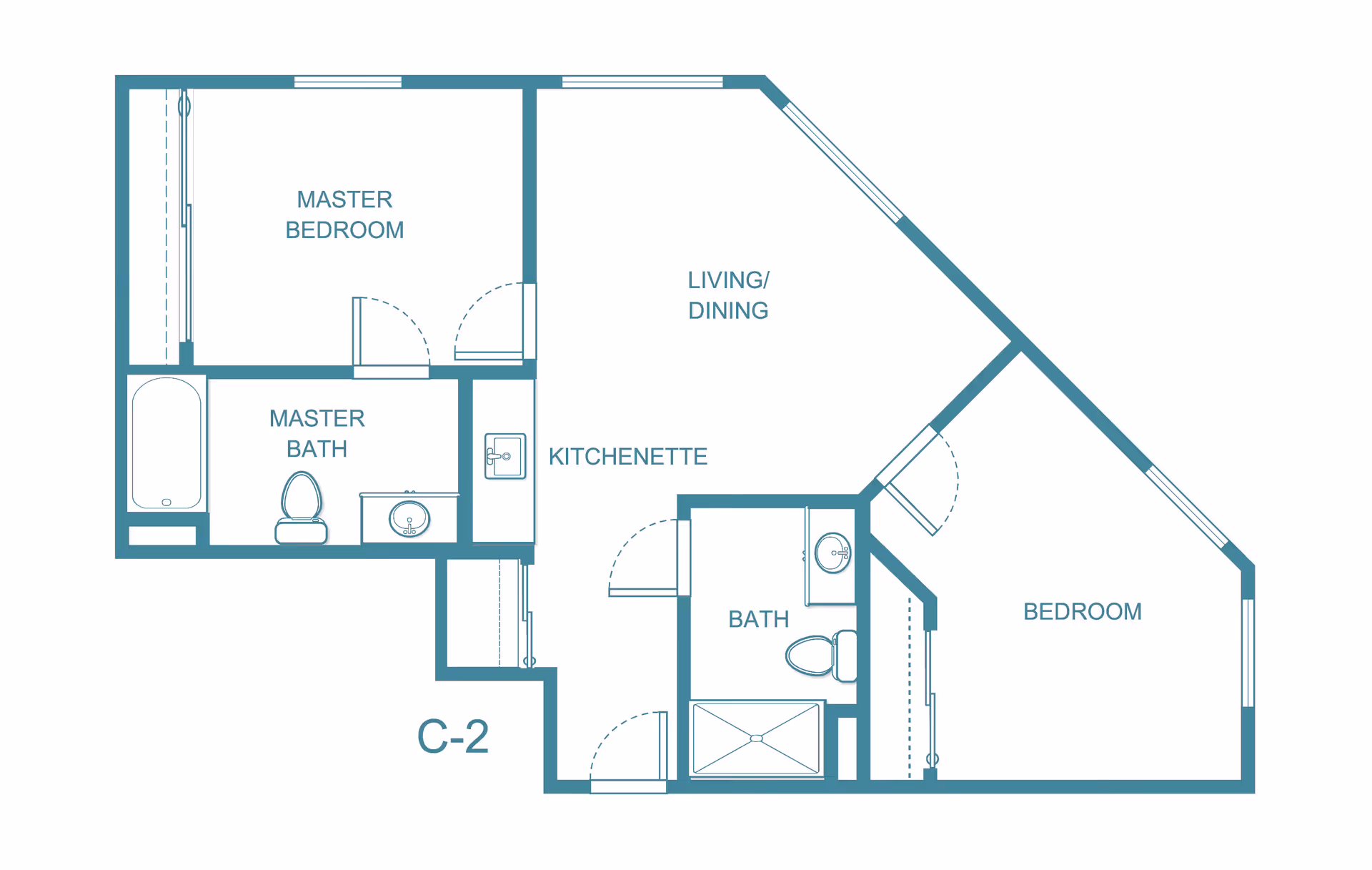 Floor plan layout of a senior living apartment unit labeled C-2, featuring a master bedroom with an attached master bath, a second bedroom, a living/dining area, a kitchenette, and a second bathroom.