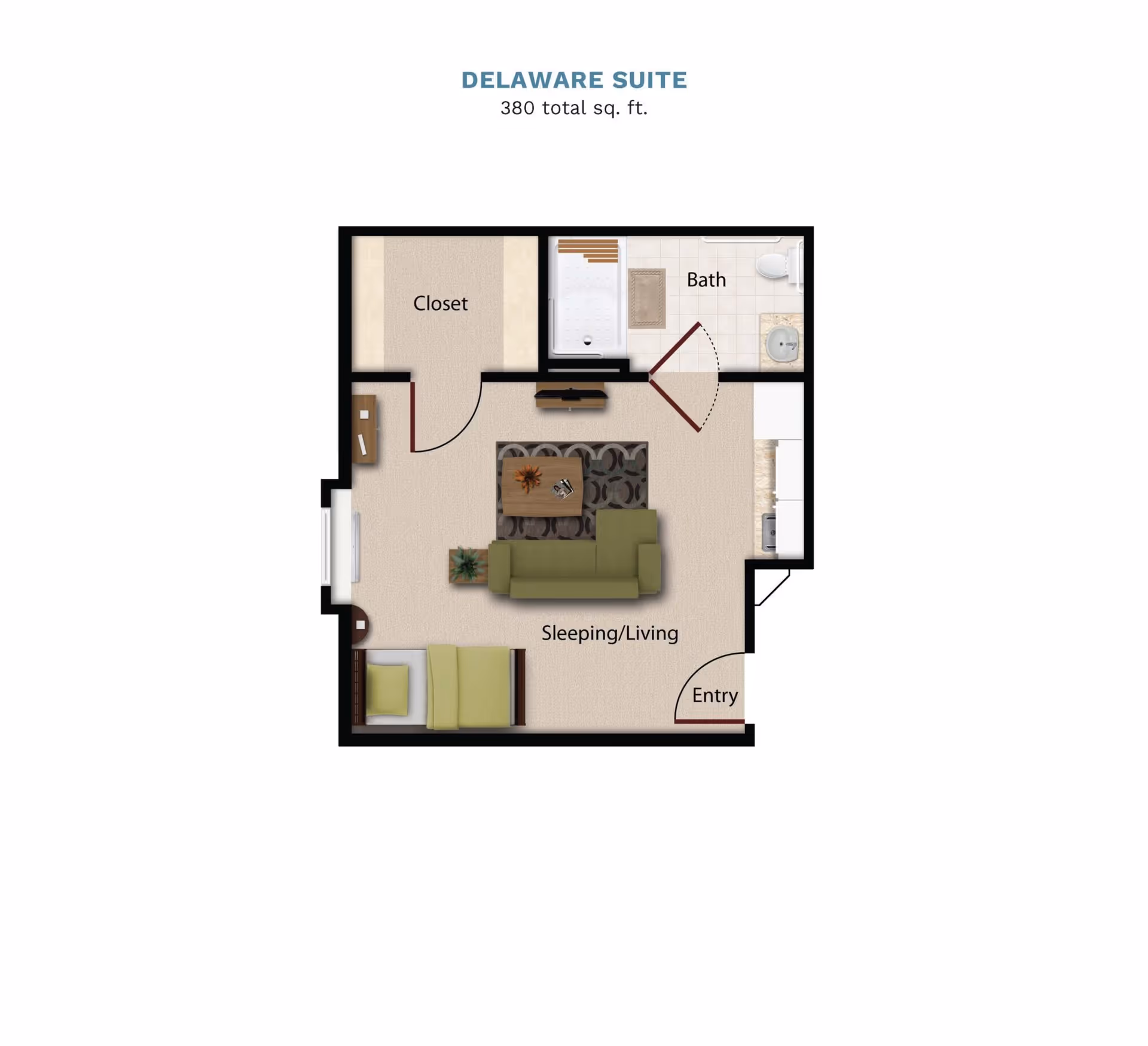 Rendered floor plan of the Delaware Suite studio showing a combined sleeping/living area, closet, bath, kitchenette and entry (380 sq. ft.).