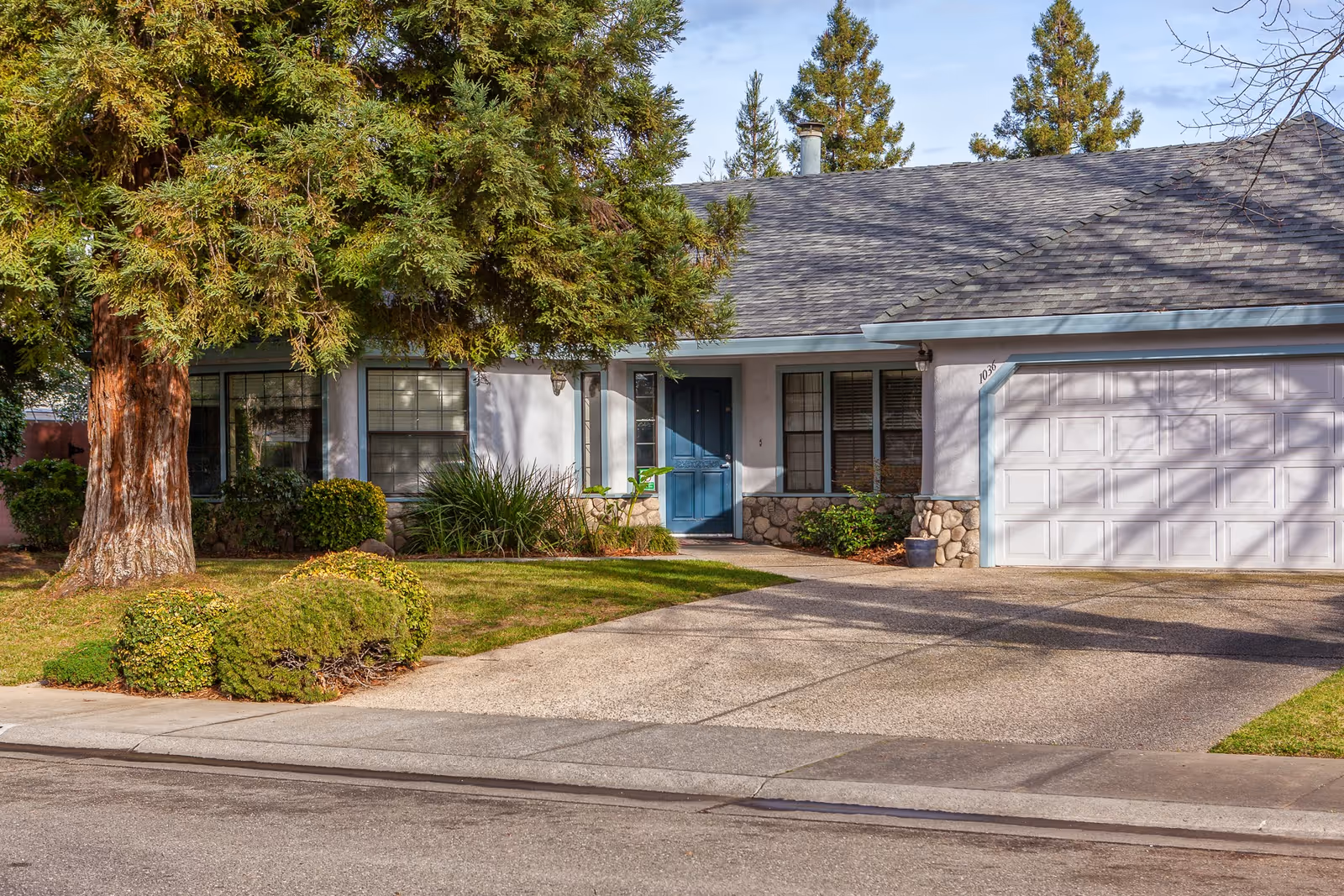 Front view of a single-story house with a blue front door, attached garage, driveway, and a large tree in the front yard.