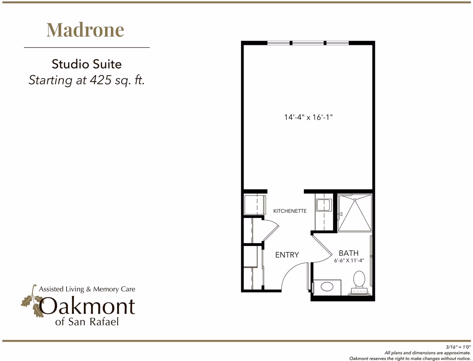 Floor plan of Madrone Studio Suite at Oakmont of San Rafael showing a 425 sq. ft. layout with an entry, kitchenette, bath, and main living area measuring 14'-4" x 16'-1".