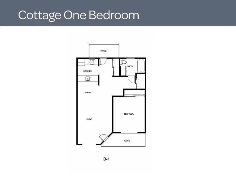 Black-and-white floor plan of a one-bedroom cottage labeled B-1 showing kitchen, dining, living area, bedroom, bath, and two patios.