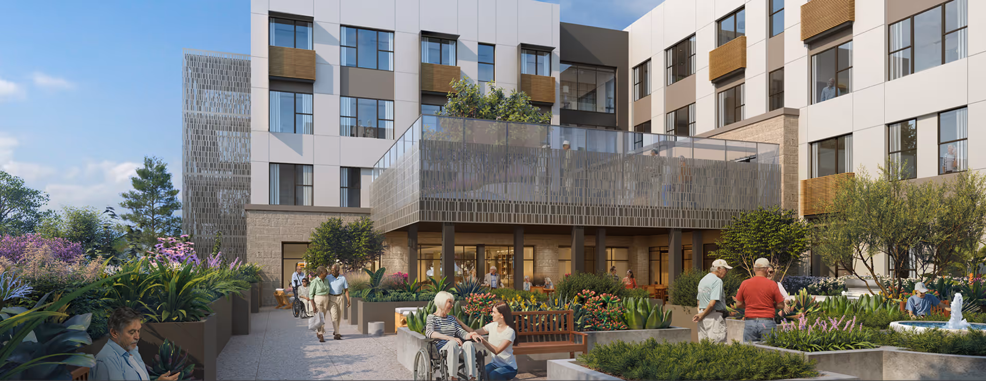 Outdoor courtyard area of MorningStar Assisted Living & Memory Care of Mountain View with residents and visitors enjoying the garden, benches, and walking paths surrounded by plants and flowers. The building has multiple floors with large windows and a balcony overlooking the courtyard.