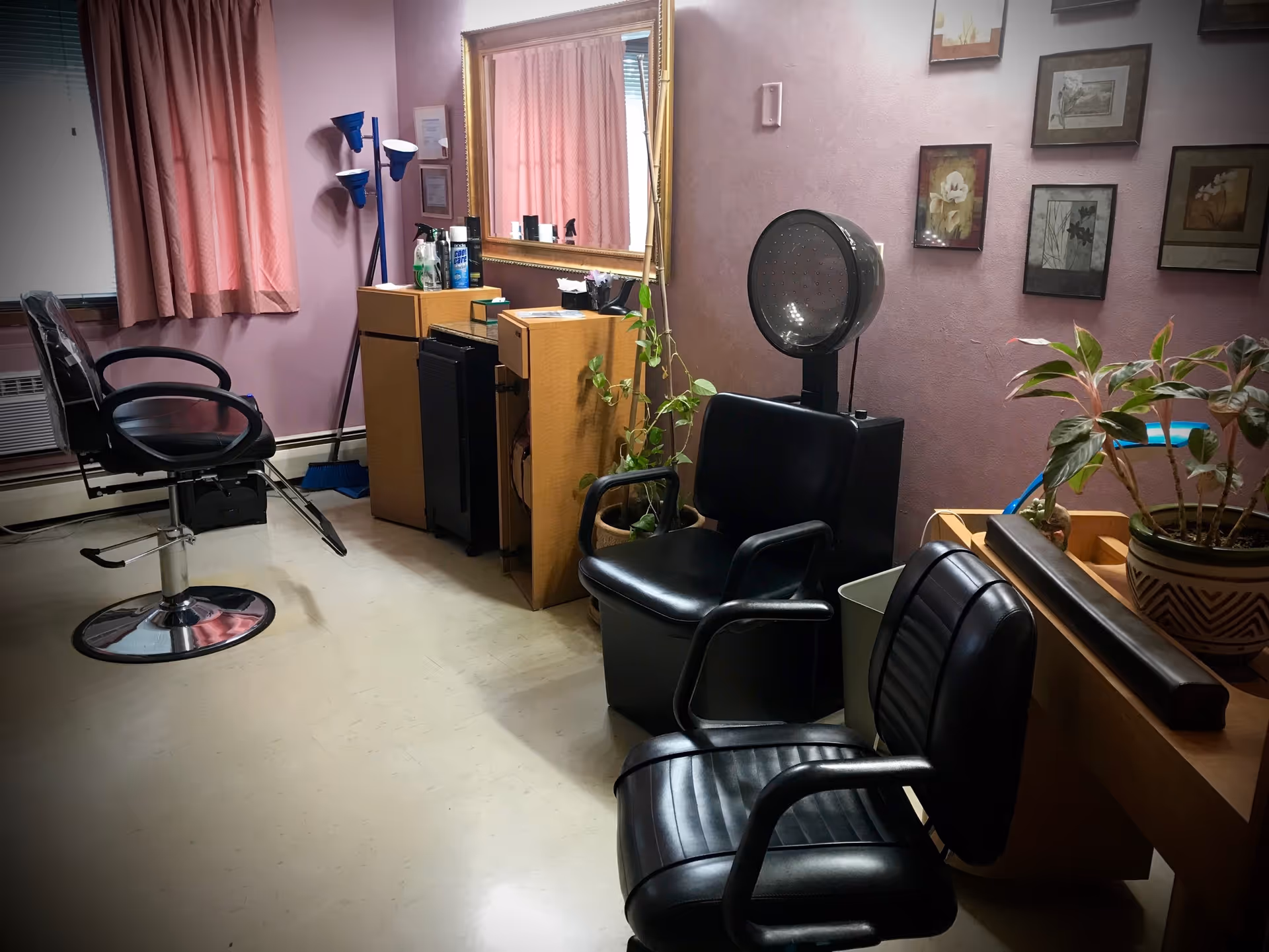 Interior of a small salon or hair styling room with black salon chairs, a hair dryer chair, a large mirror on the wall, pink curtains, framed pictures, and some potted plants.