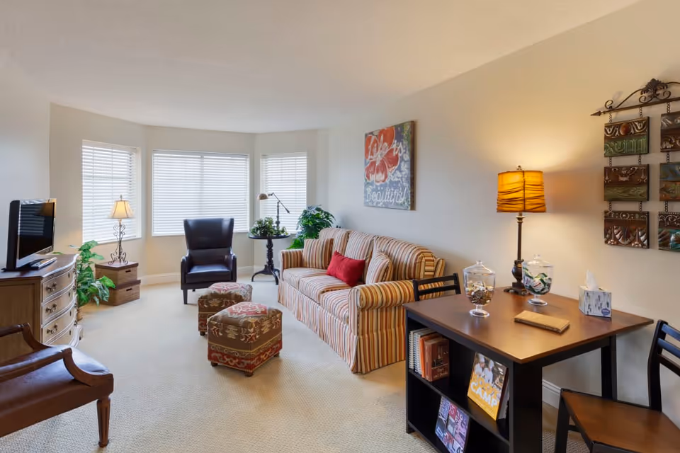 A cozy living room with a striped sofa, a red pillow, two patterned ottomans, a black armchair, and a wooden table with two chairs. The room has three windows with white blinds, a TV on a wooden dresser, a floor lamp, and decorative wall art. There are also plants and a small round table near the windows.