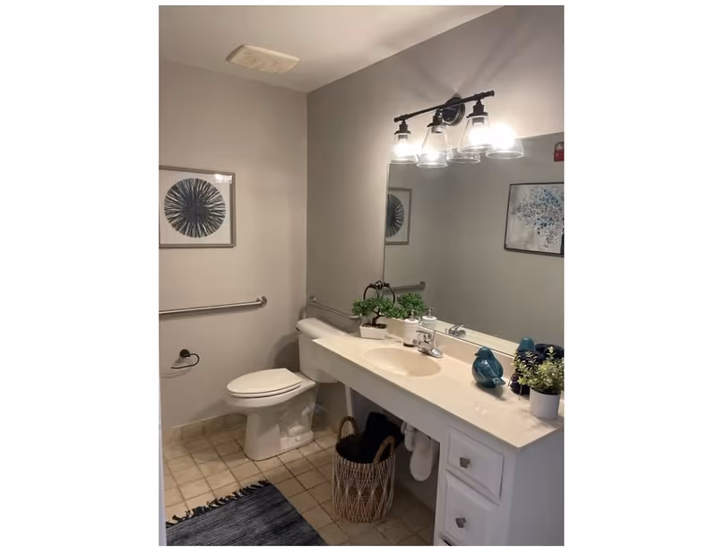 A clean and well-lit bathroom with a white toilet, a white vanity with a sink, and a large mirror above the sink. The vanity countertop has decorative items including small plants and a blue bird figurine. There are two framed artworks on the walls, a grab bar next to the toilet, and a blue rug on the tiled floor. The lighting fixture above the mirror has three clear glass shades.
