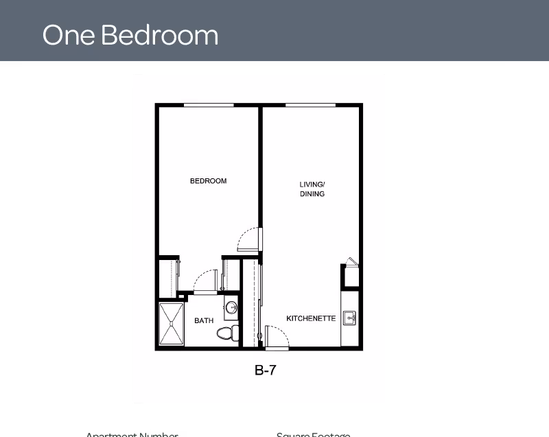 Floor plan of a one-bedroom unit labeled B-7 at Holiday Rolling Hills Ranch, showing a bedroom, bath, kitchenette, and combined living/dining area.