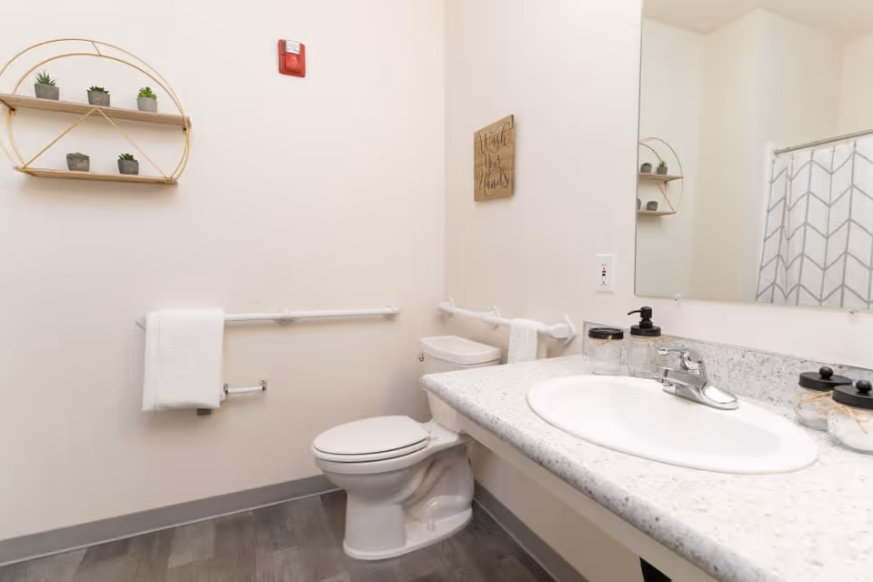 A clean and accessible bathroom with a white toilet, a white sink with a granite countertop, and a large mirror. The walls are light-colored with a small wooden sign that says 'Wash Your Hands' and a round wall shelf holding small potted plants. There are grab bars installed near the toilet and a white towel hanging on one of them. A shower curtain with a geometric pattern is partially visible in the mirror.