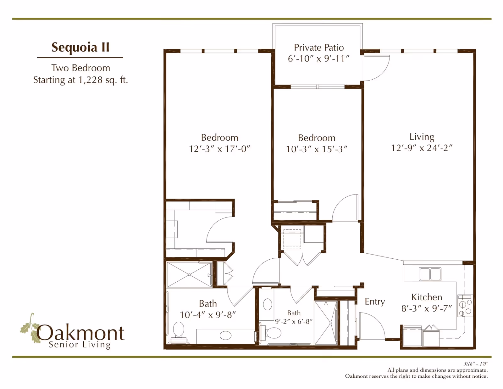Floor plan of Sequoia II, a two-bedroom apartment starting at 1,228 square feet at Oakmont Senior Living. The layout includes two bedrooms, two bathrooms, a living room, kitchen, entry, and a private patio. Dimensions for each room are provided.