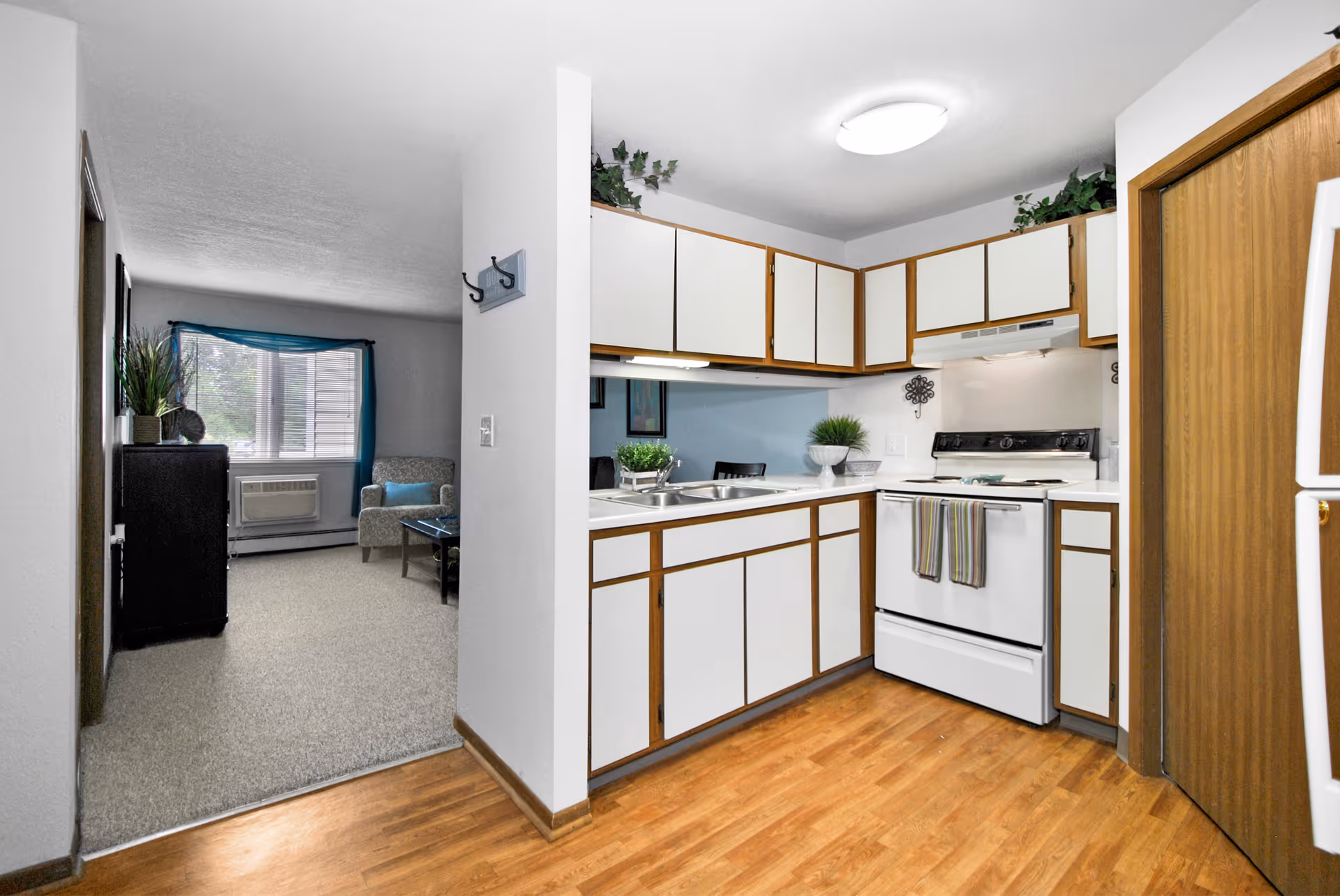 Interior view of a small kitchen with white cabinets and wooden trim, a white stove with two striped towels hanging on the handle, a double sink, and decorative plants on the counters. The kitchen floor is wood, and there is a doorway leading to a carpeted living room area with a window, an armchair, a coffee table, and a cabinet with plants on top.